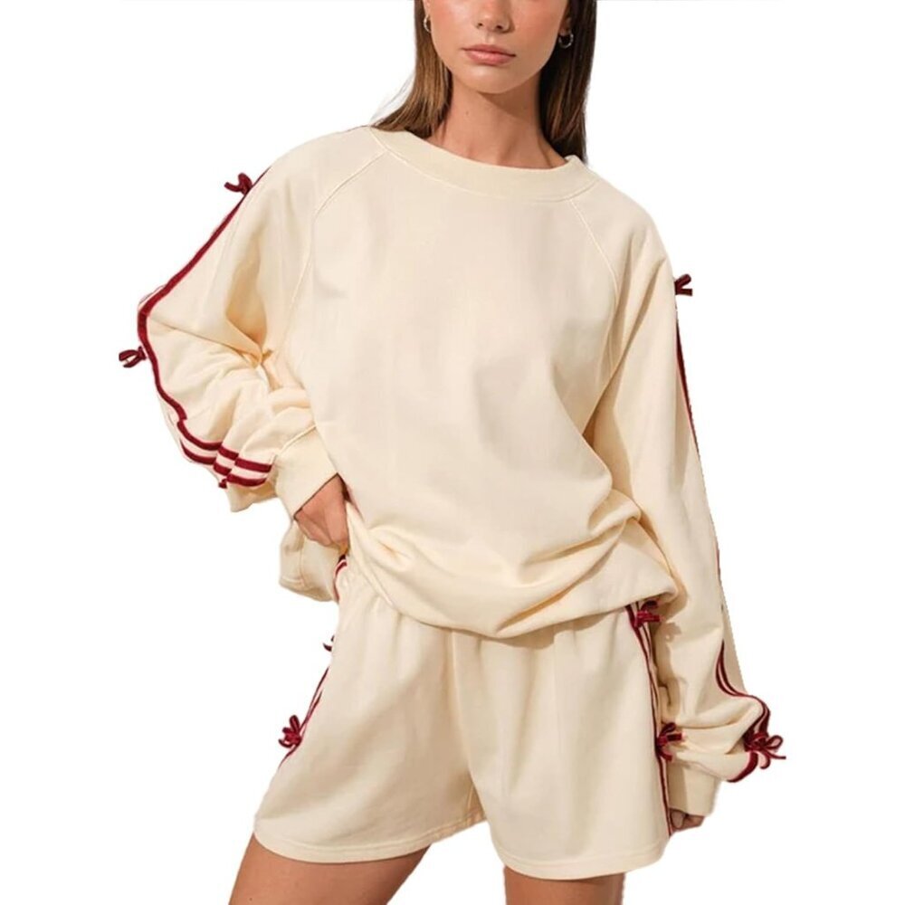 Women's Velvet Bow Sweater Cotton Blend Large Loose Crew Neck Vintage - Picture 1 of 5
